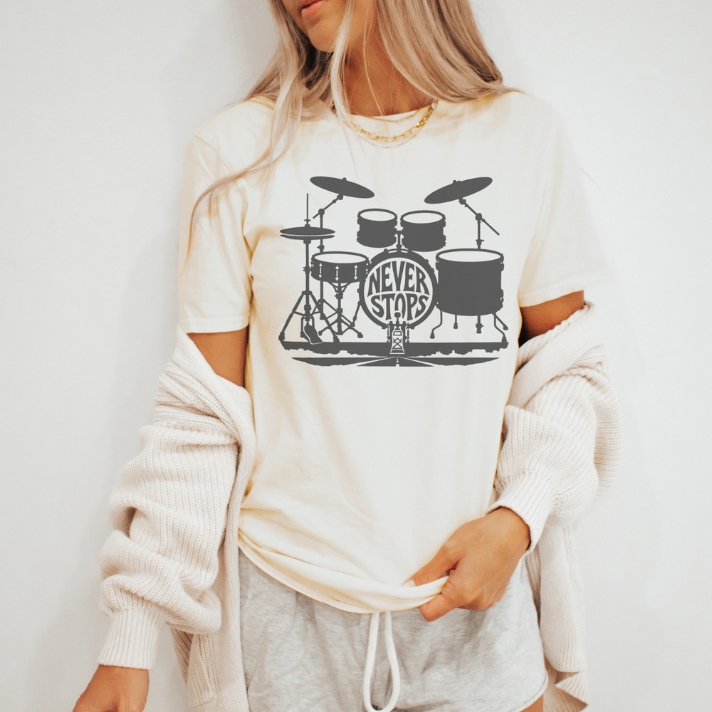 Never Stops Drum Set Silhouette Drummer Gift Tee